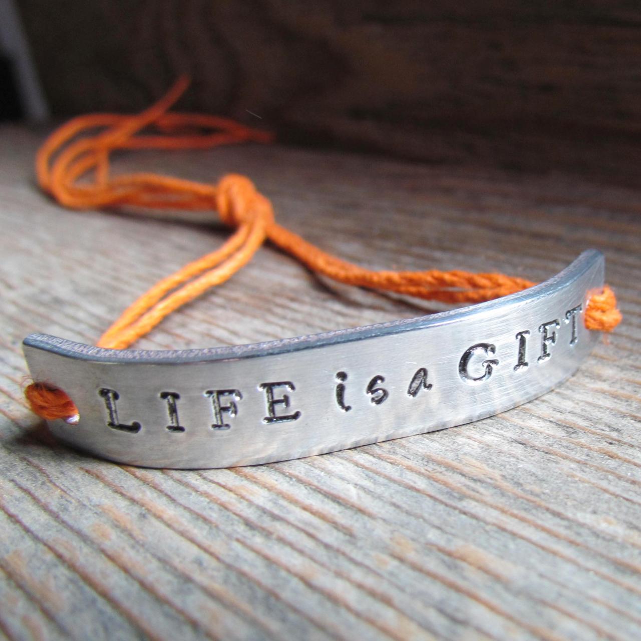 Life Is A Gift Hand Stamped Bracelet Hemp Cord Tie On Personalized