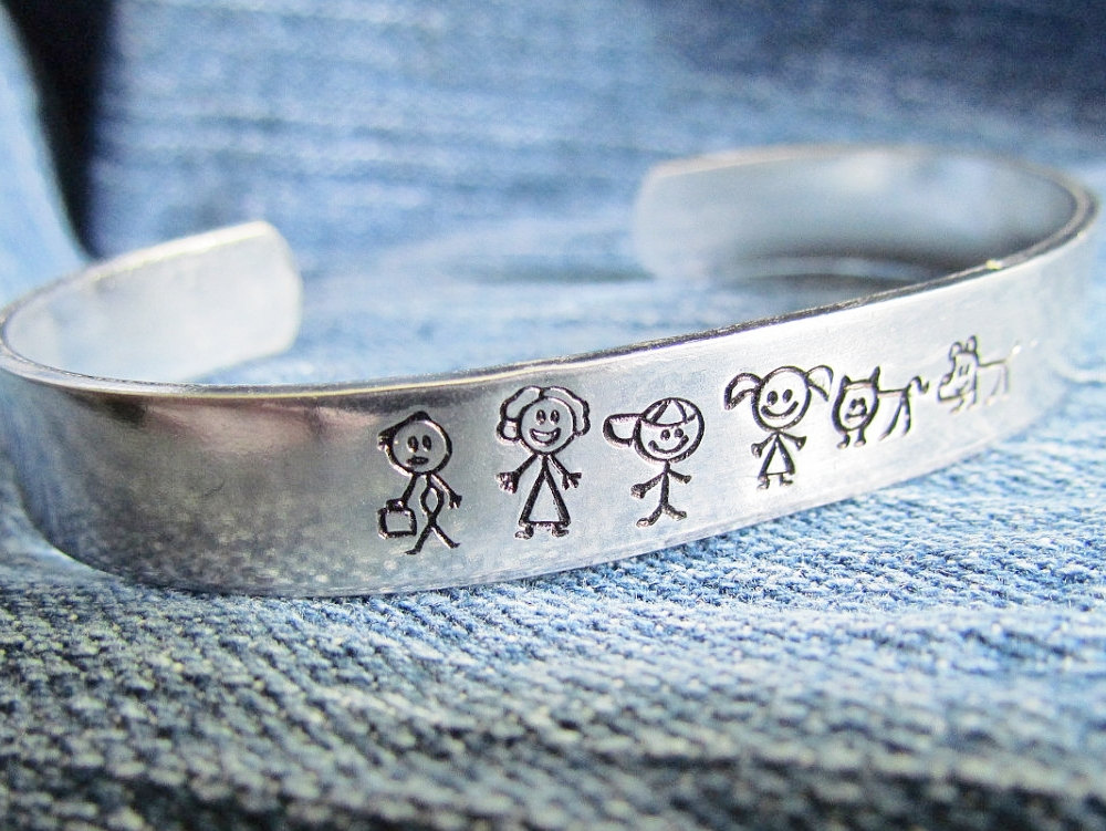 Stick Family Bracelet Cuff Hand Stamped Cat Dog Baby Mom Dad Girl Boy Personailzed For You